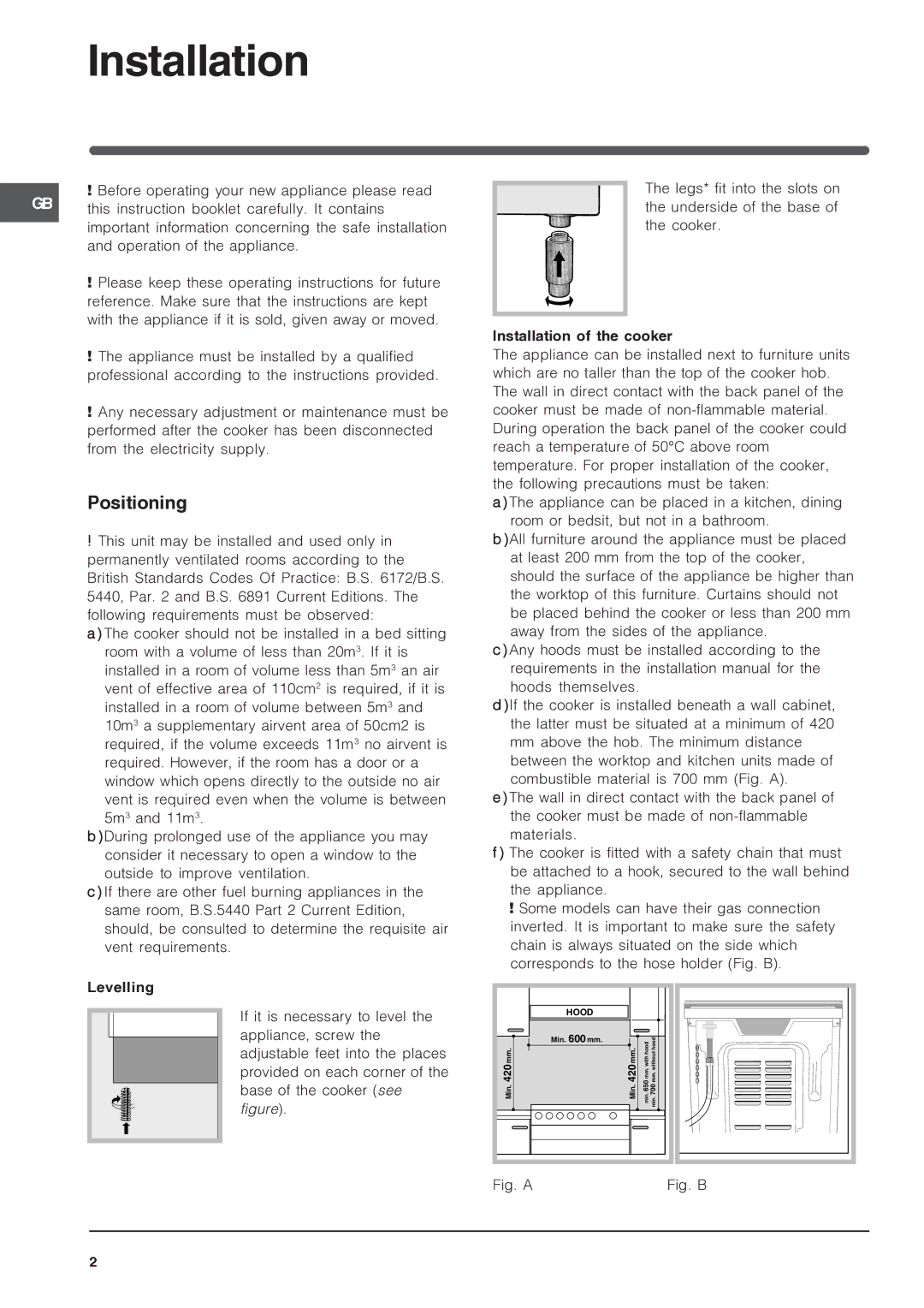 Indesit IS50D1 specifications Positioning, Installation of the cooker 