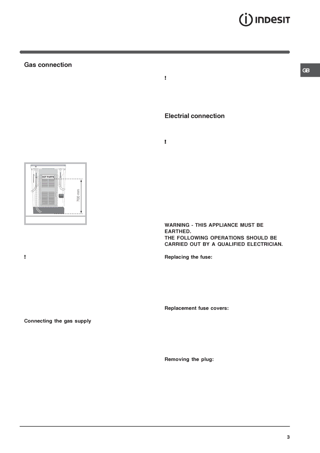 Indesit IS50D1 specifications Gas connection, Electrial connection 