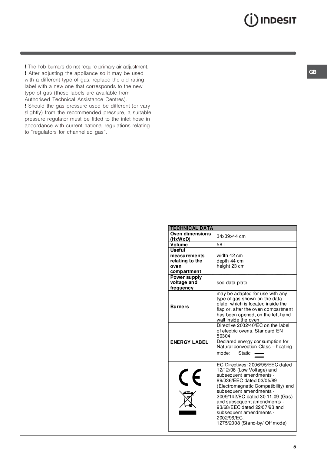 Indesit IS50D1 specifications Technical Data 