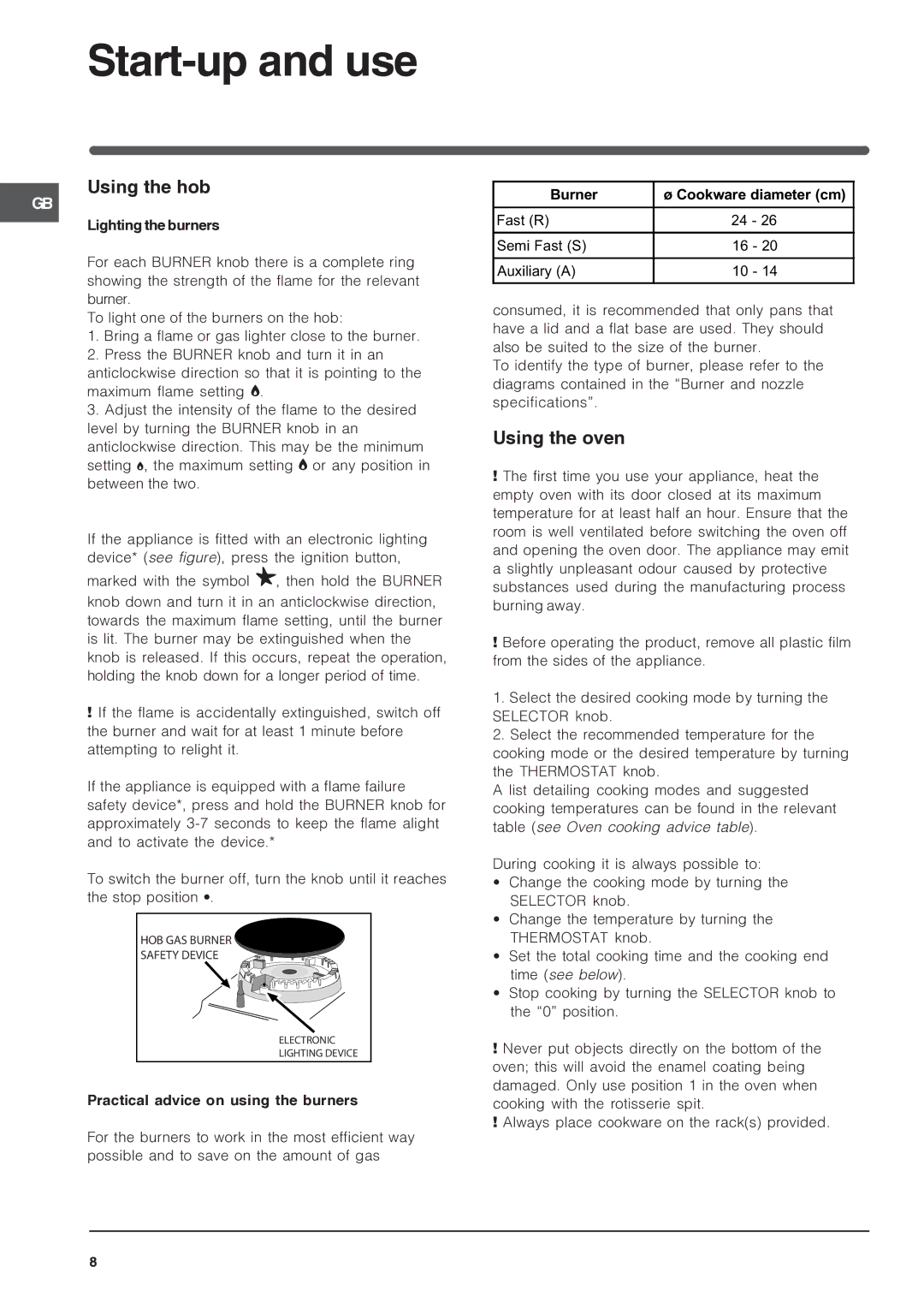 Indesit IS50D1 specifications Start-up and use, Using the hob, Using the oven, Lighting the burners 