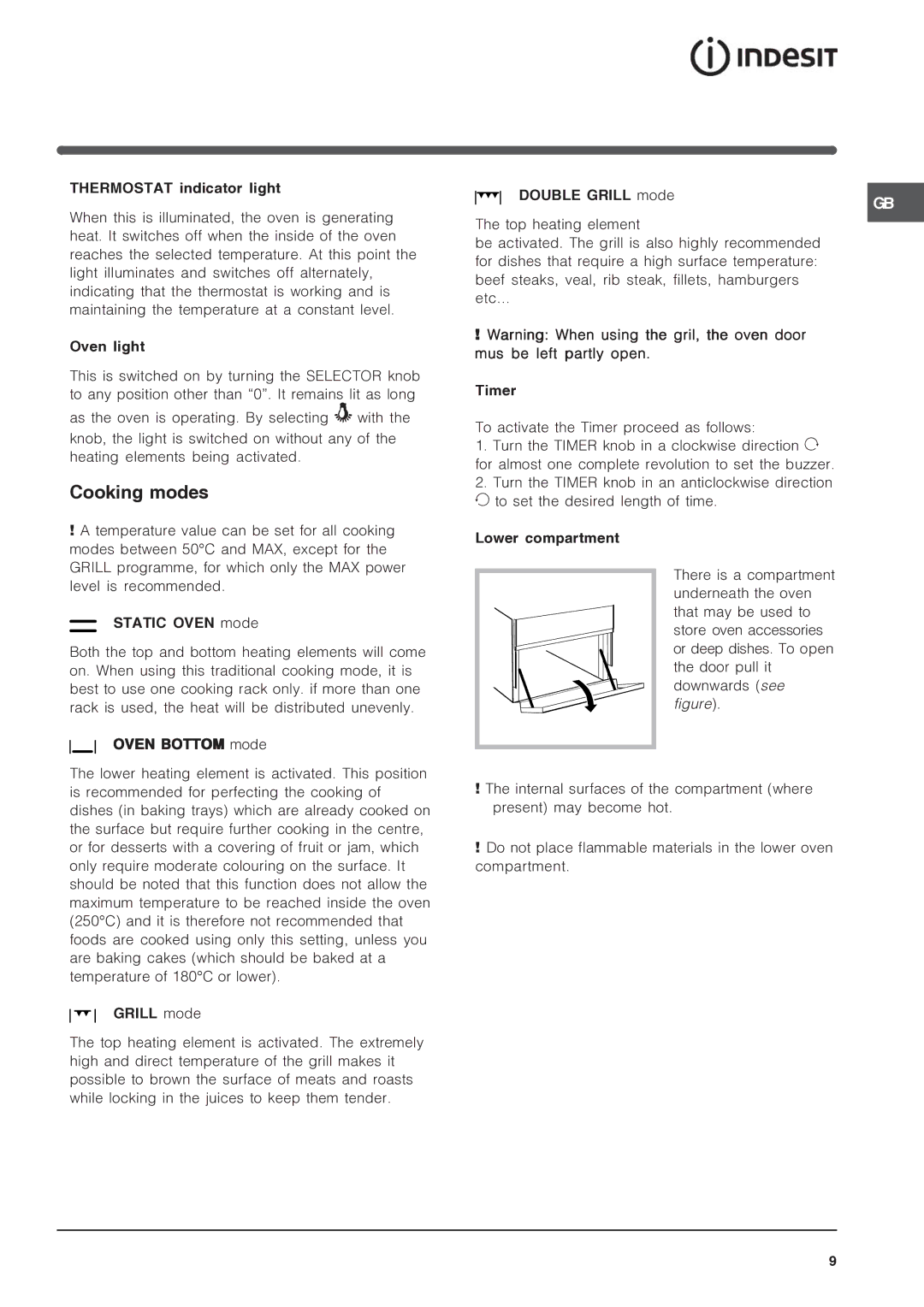 Indesit IS50D1 specifications Cooking modes 