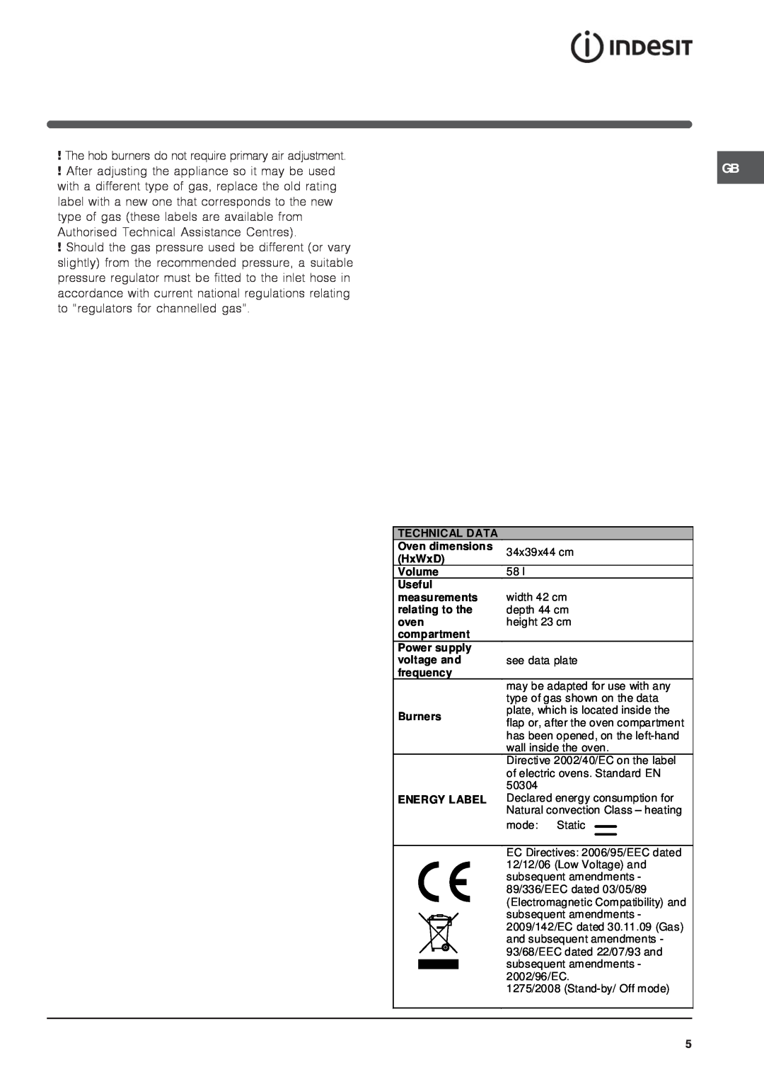 Indesit IS50D1 specifications Technical Data 