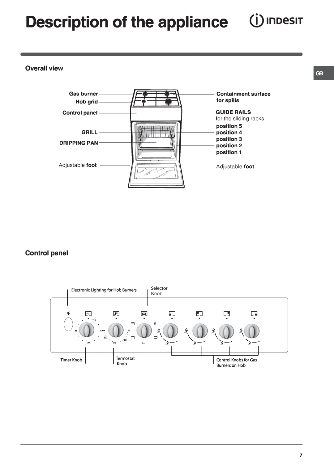 Indesit IS50D1 Description of the appliance, Overall view, Gas burner Hob grid Control panel GRILL, Dripping Pan 