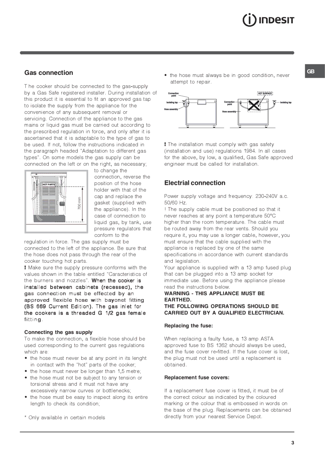 Indesit IS50G1 specifications Gas connection, Electrial connection, Connecting the gas supply, Replacing the fuse 