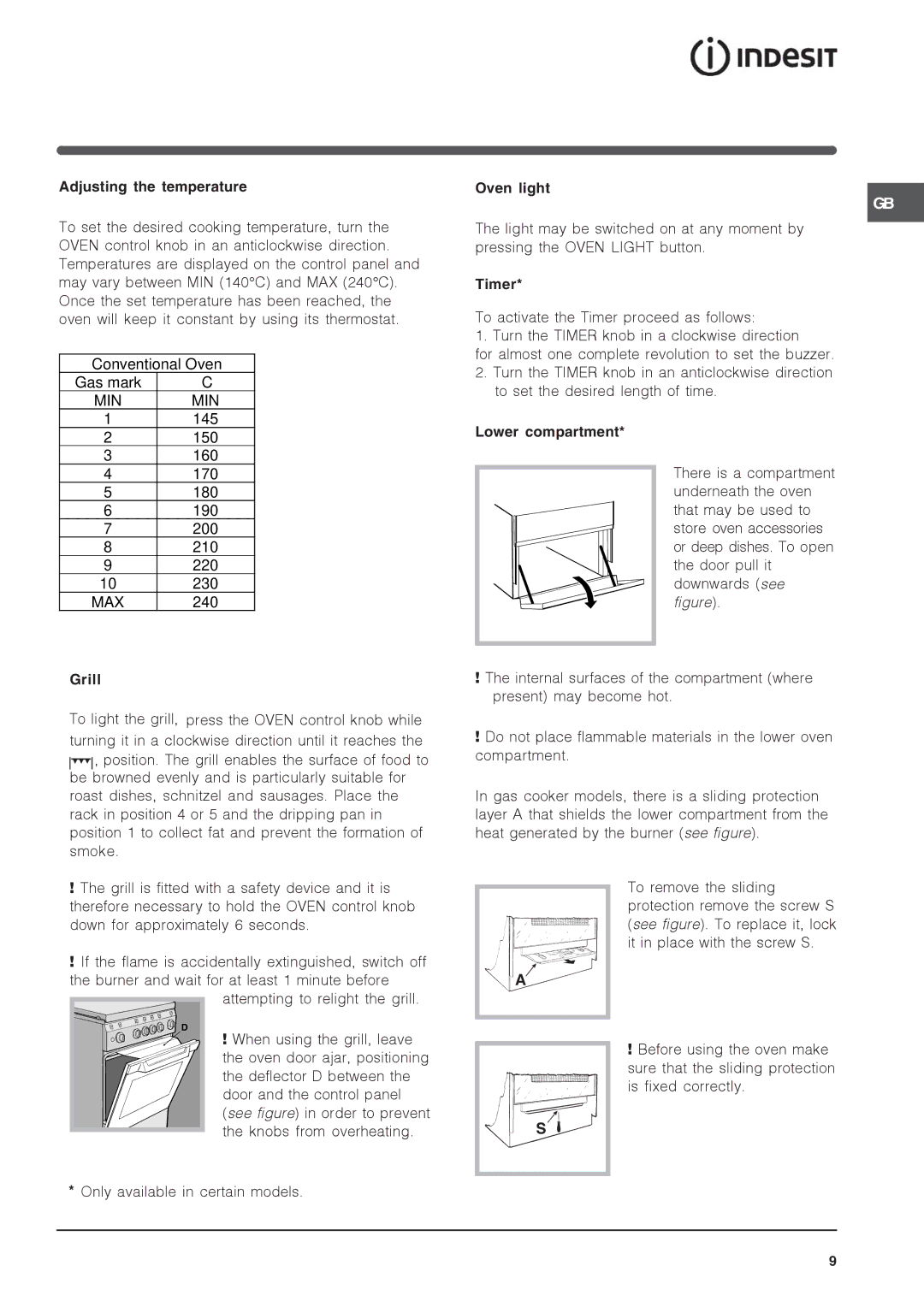 Indesit IS50G1 specifications Adjusting the temperature, Grill, Oven light, Timer, Lower compartment 