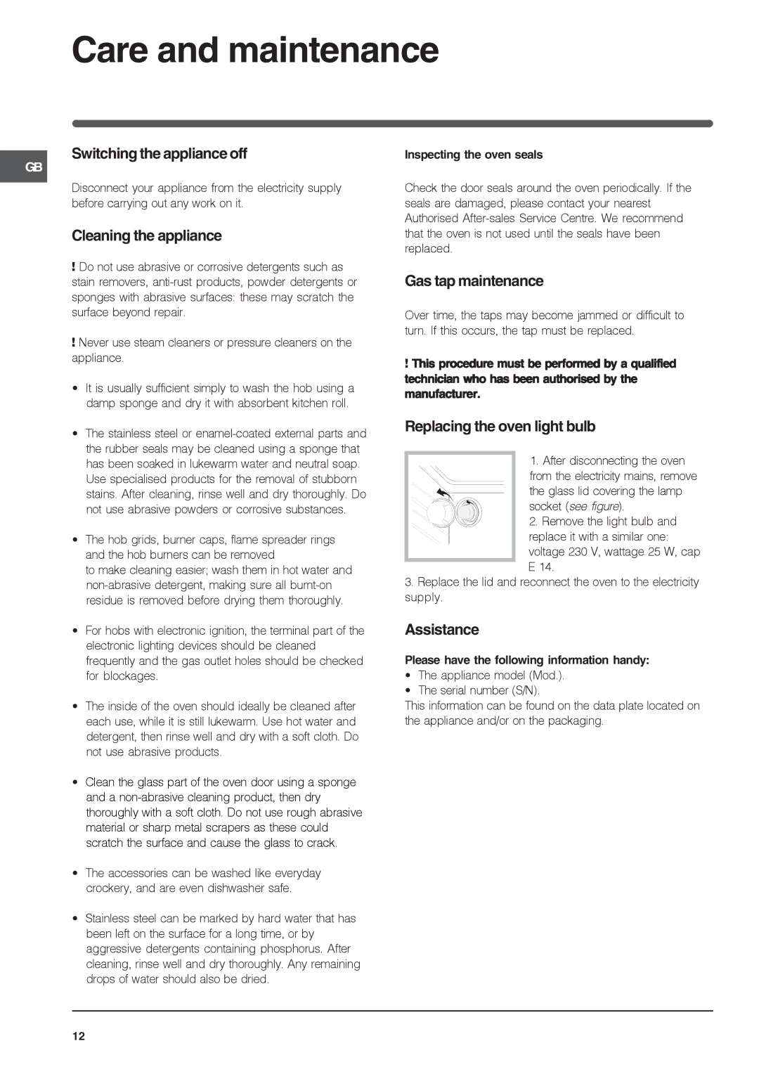 Indesit IS50G specifications Care and maintenance 