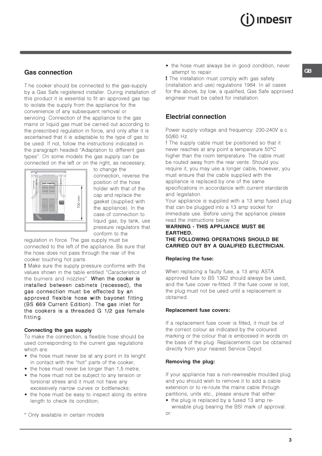 Indesit IS50G specifications Gas connection, Electrial connection 