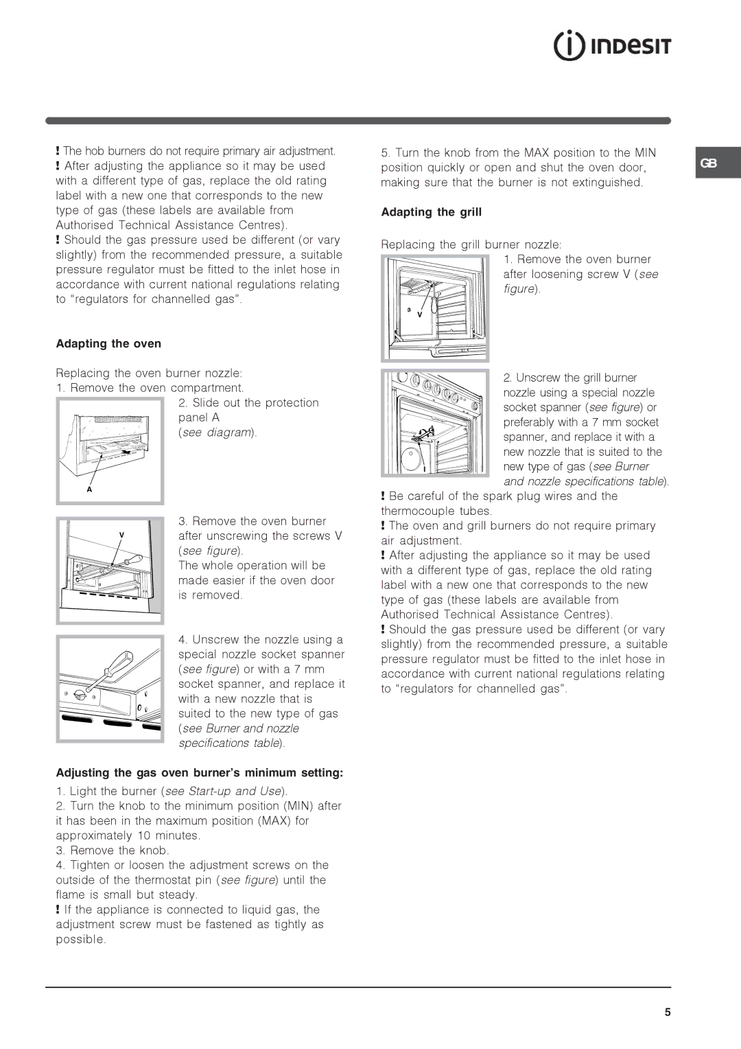 Indesit IS50G specifications Adapting the oven, Adjusting the gas oven burner’s minimum setting, Adapting the grill 