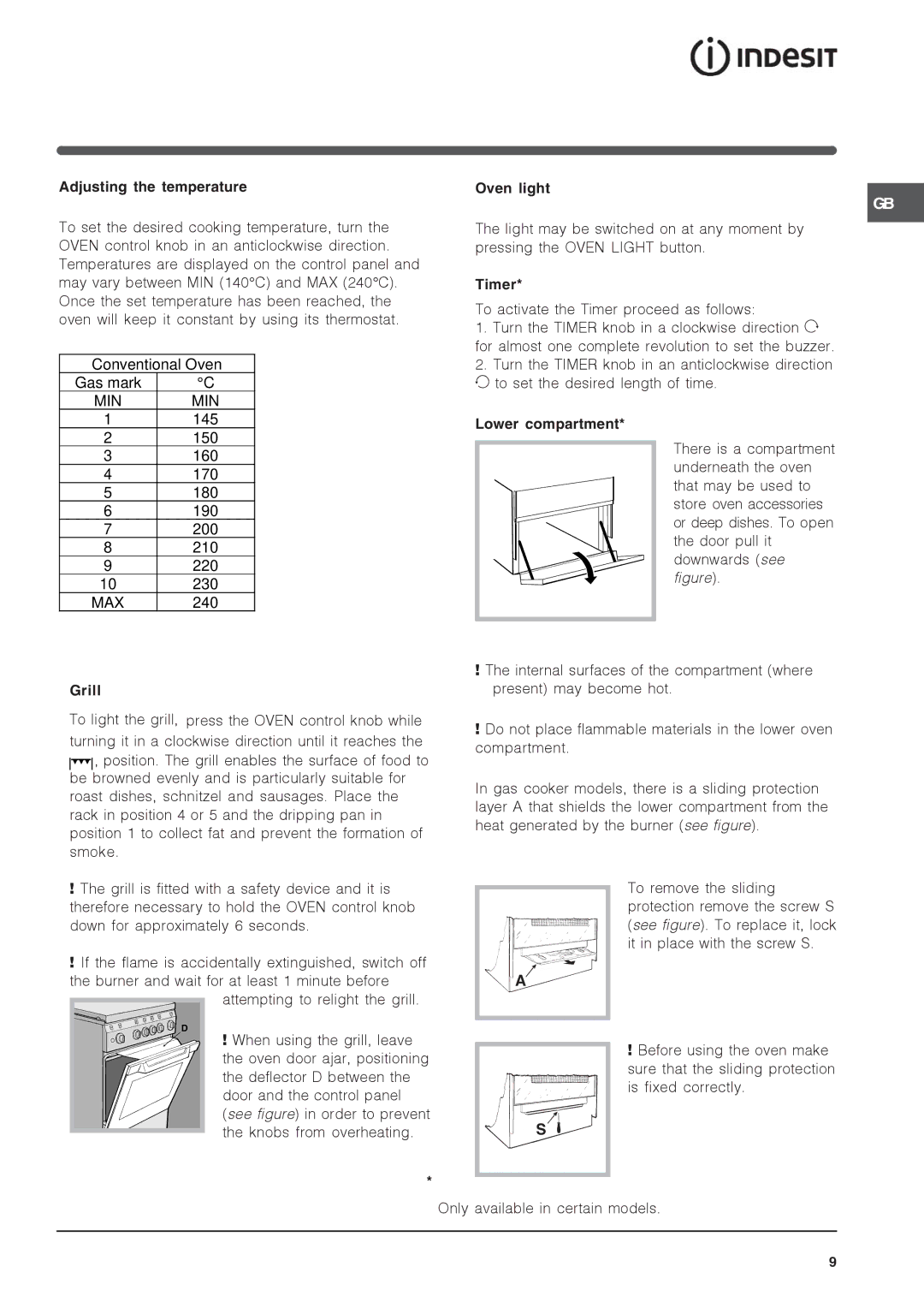 Indesit IS50G specifications Adjusting the temperature, Grill, Oven light, Timer, Lower compartment 