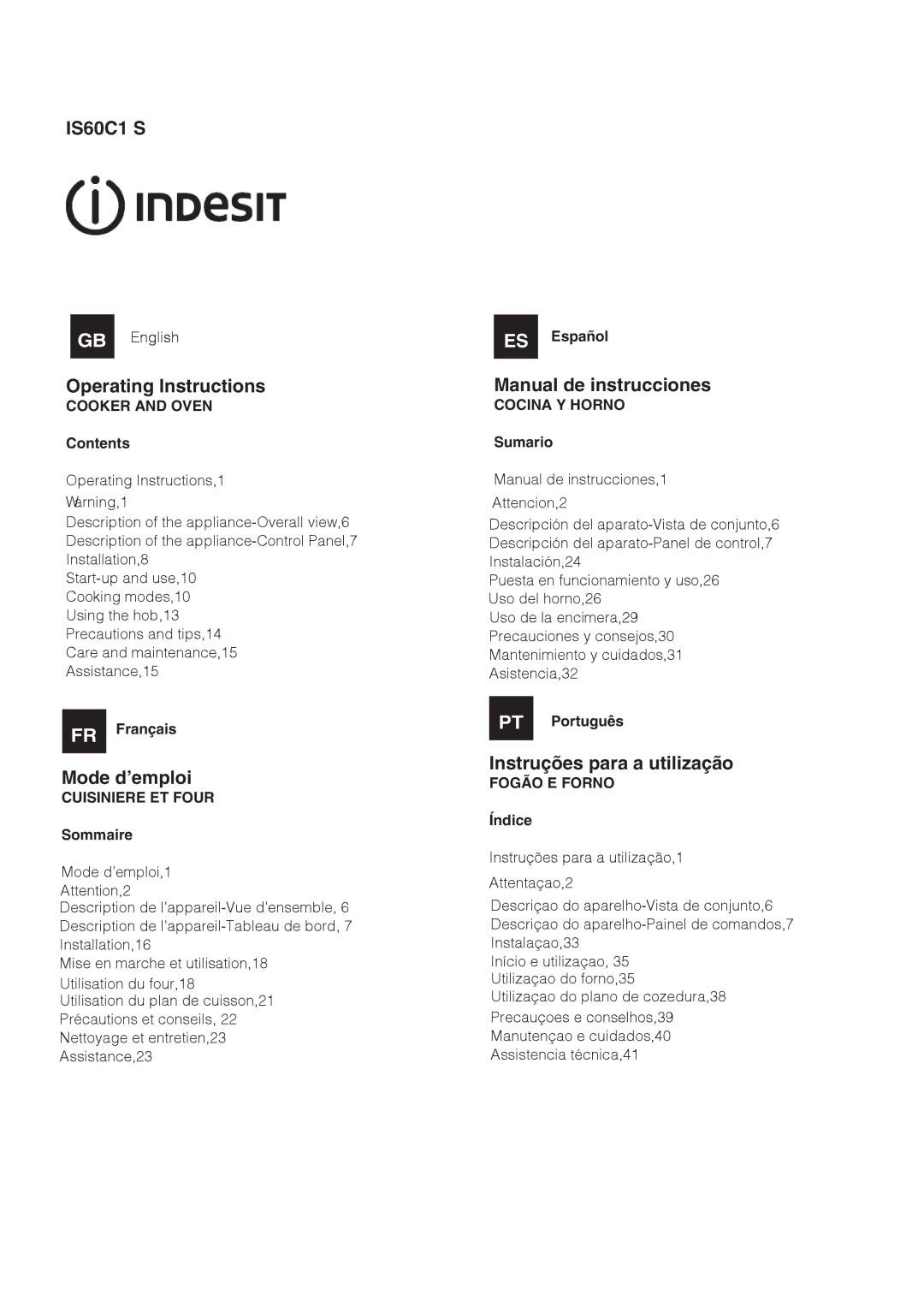 Indesit IS60C1 S manual Operating Instructions, Mode d’emploi, Manual de instrucciones, Instruções para a utilização 