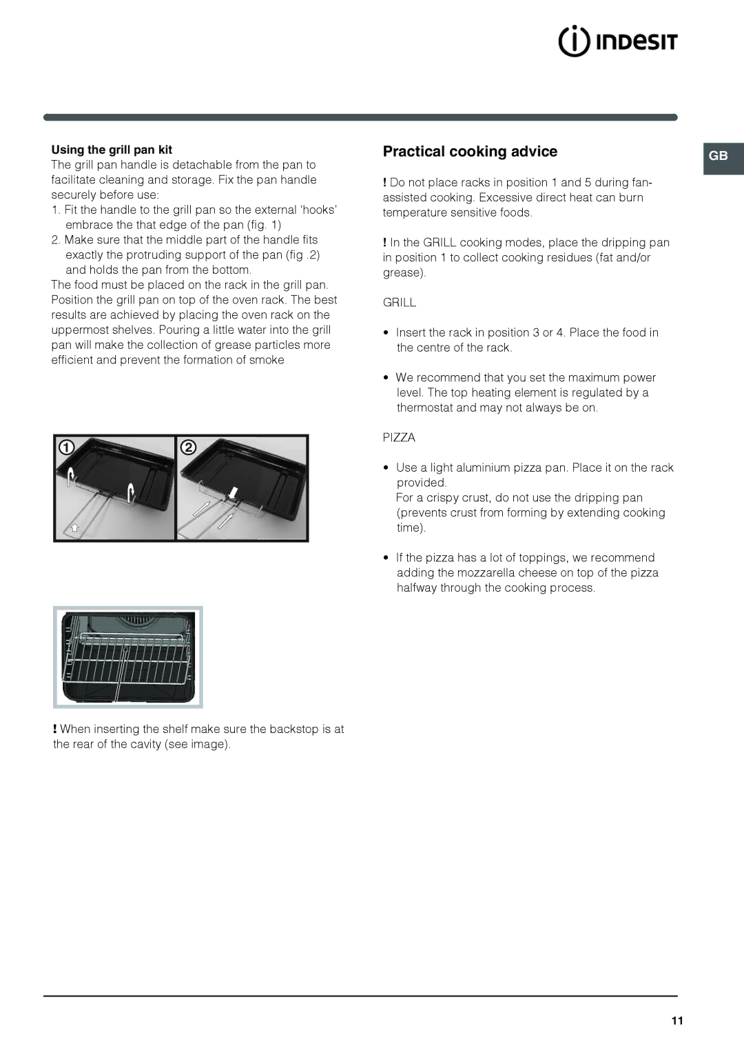 Indesit IS60C1 S manual Practical cooking advice, Using the grill pan kit 