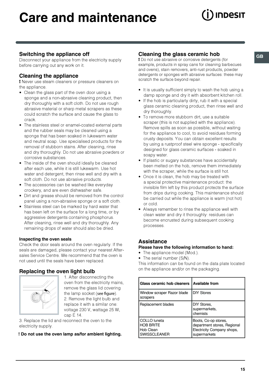 Indesit IS60C1 S manual Care and maintenance 