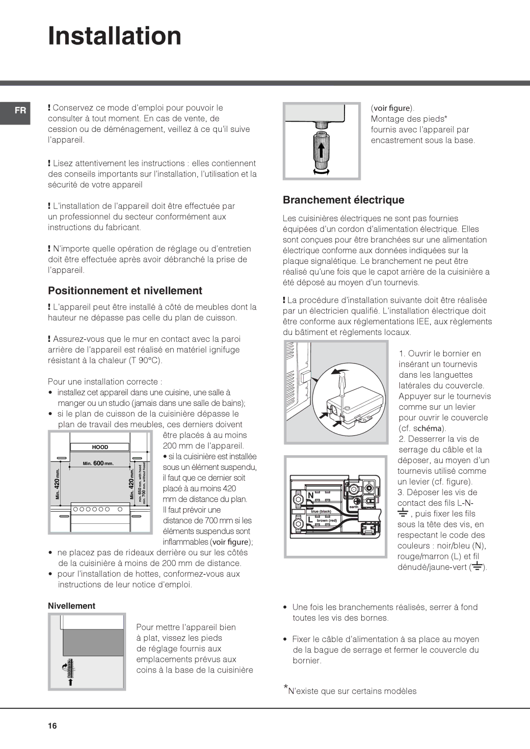 Indesit IS60C1 S manual Positionnement et nivellement, Branchement électrique 