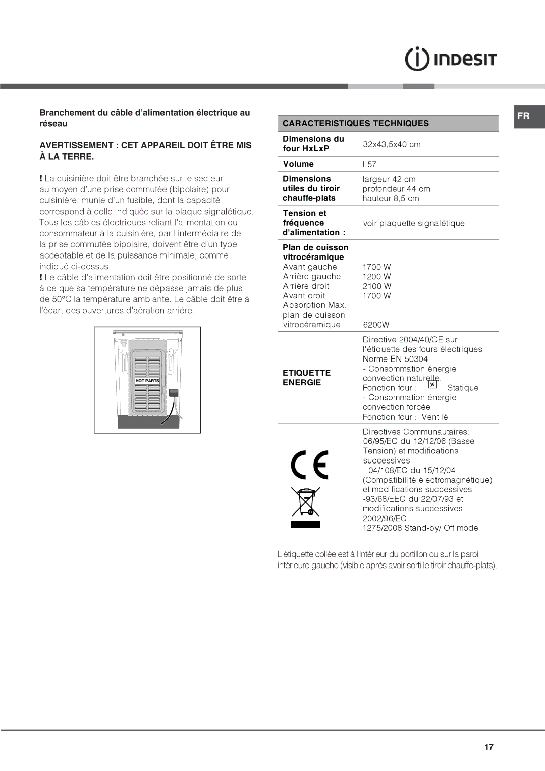 Indesit IS60C1 S manual Branchement du câble d’alimentation électrique au réseau 