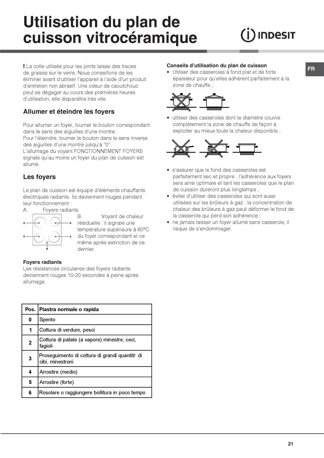 Indesit IS60C1 S manual Utilisation du plan de cuisson vitrocéramique, Allumer et éteindre les foyers, Les foyers 