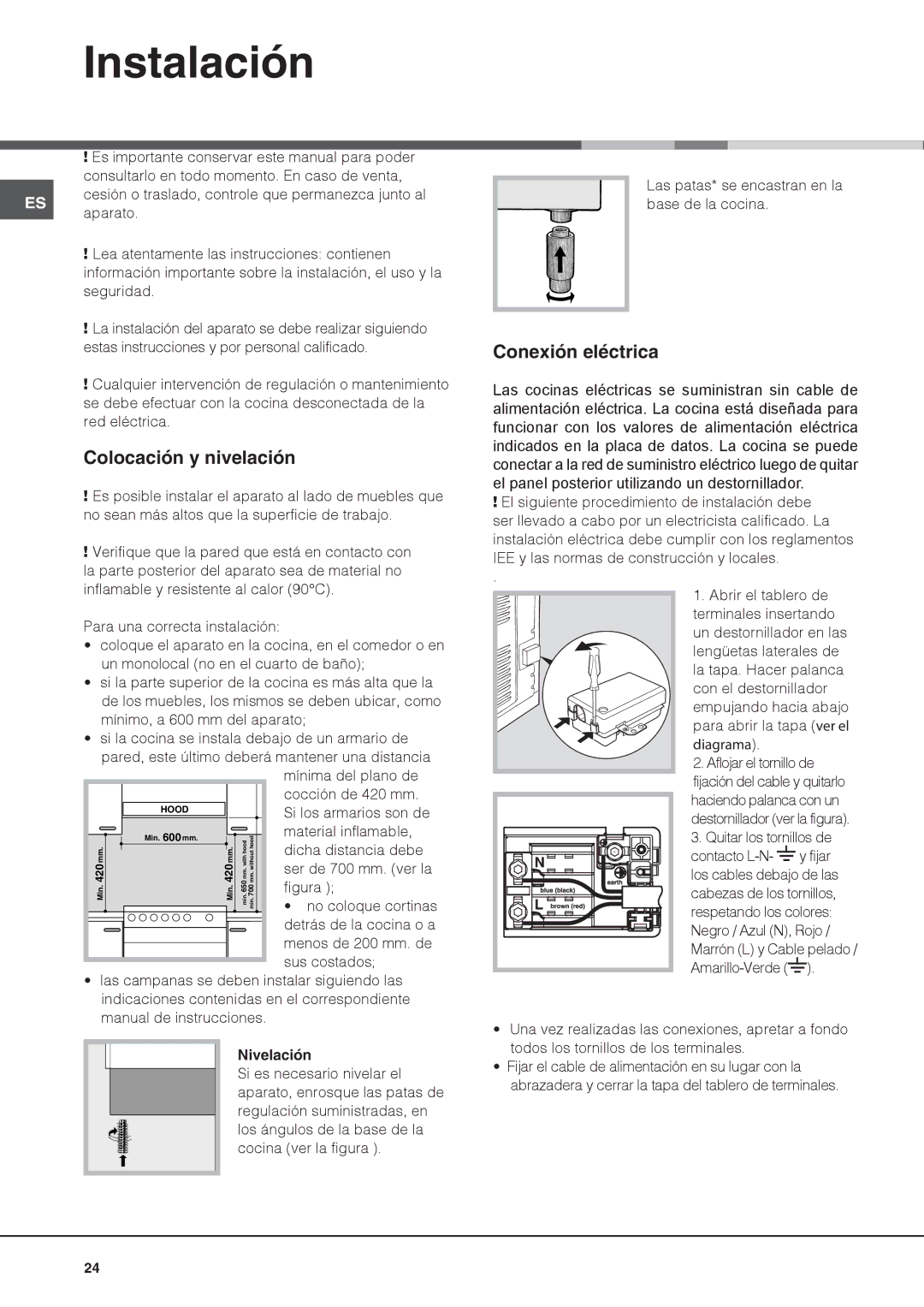 Indesit IS60C1 S manual Instalación, Colocación y nivelación, Conexión eléctrica, Nivelación 