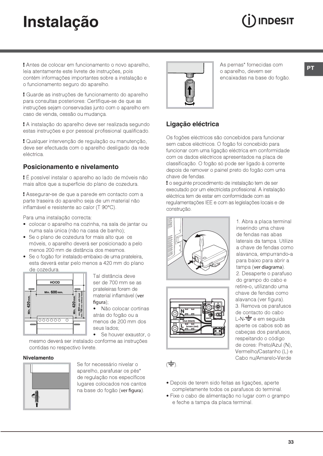 Indesit IS60C1 S manual Instalação, Posicionamento e nivelamento, Ligação eléctrica, Nivelamento 