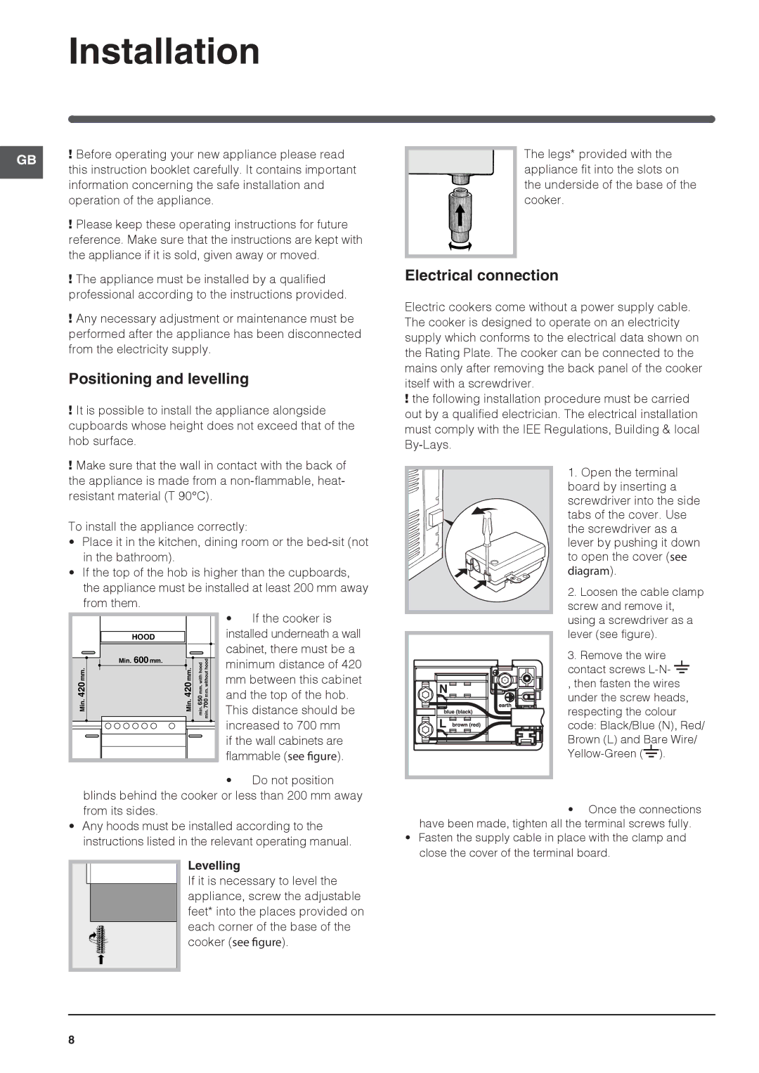 Indesit IS60C1 S manual Installation, Positioning and levelling, Electrical connection, Levelling 