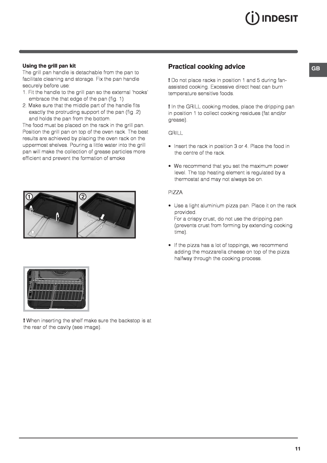Indesit IS60C1 S manual Practical cooking advice, Using the grill pan kit 