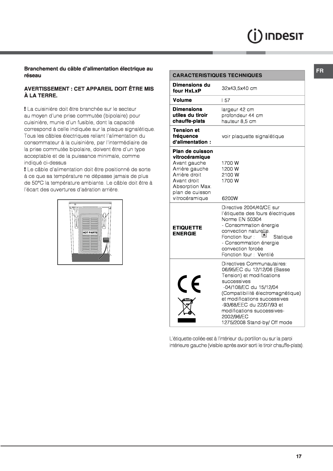 Indesit IS60C1 S manual Branchement du câble d’alimentation électrique au réseau 