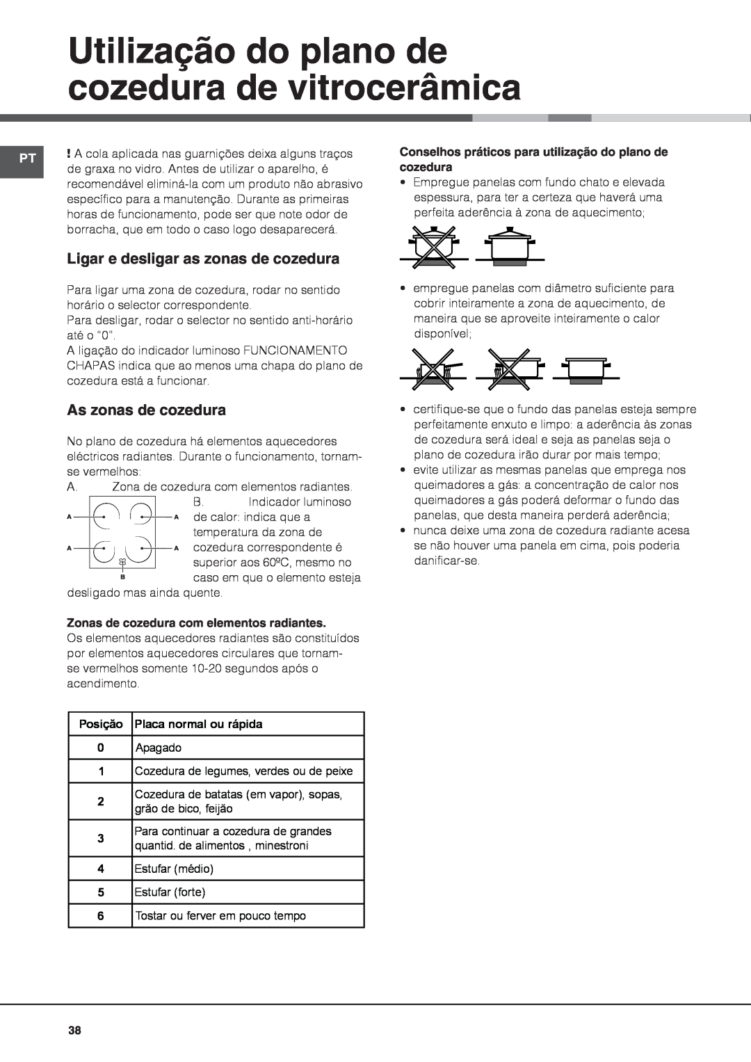Indesit IS60C1 S manual Utilização do plano de cozedura de vitrocerâmica, Ligar e desligar as zonas de cozedura 