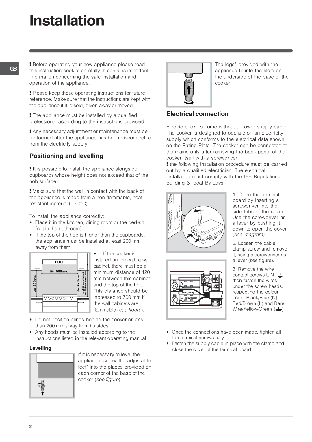 Indesit IS60C1 manual Installation, Positioning and levelling, Electrical connection, Levelling 