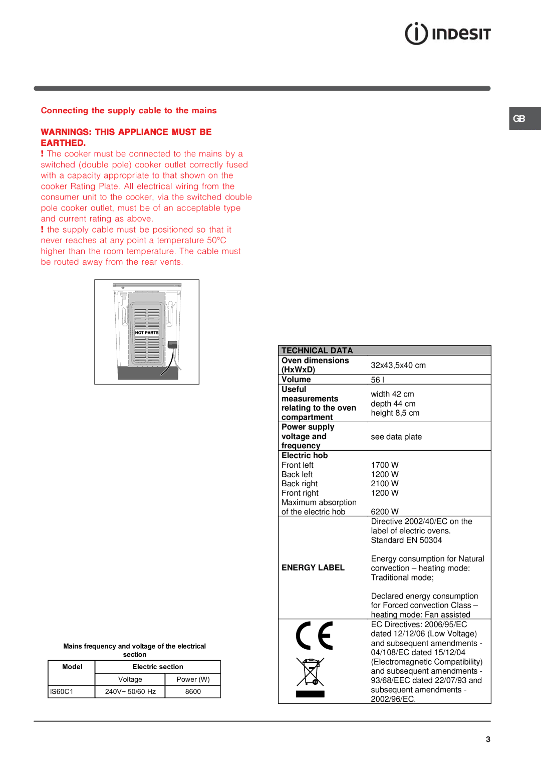 Indesit IS60C1 manual Earthed 