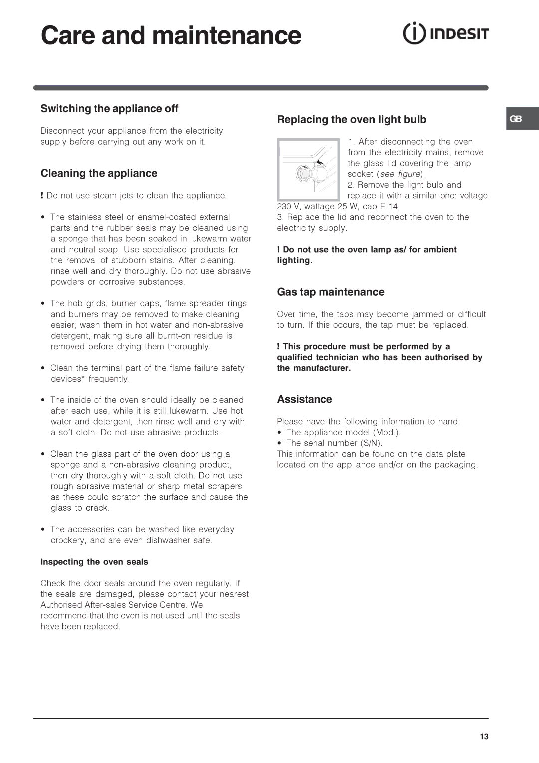 Indesit IS60D1 S specifications Care and maintenance 