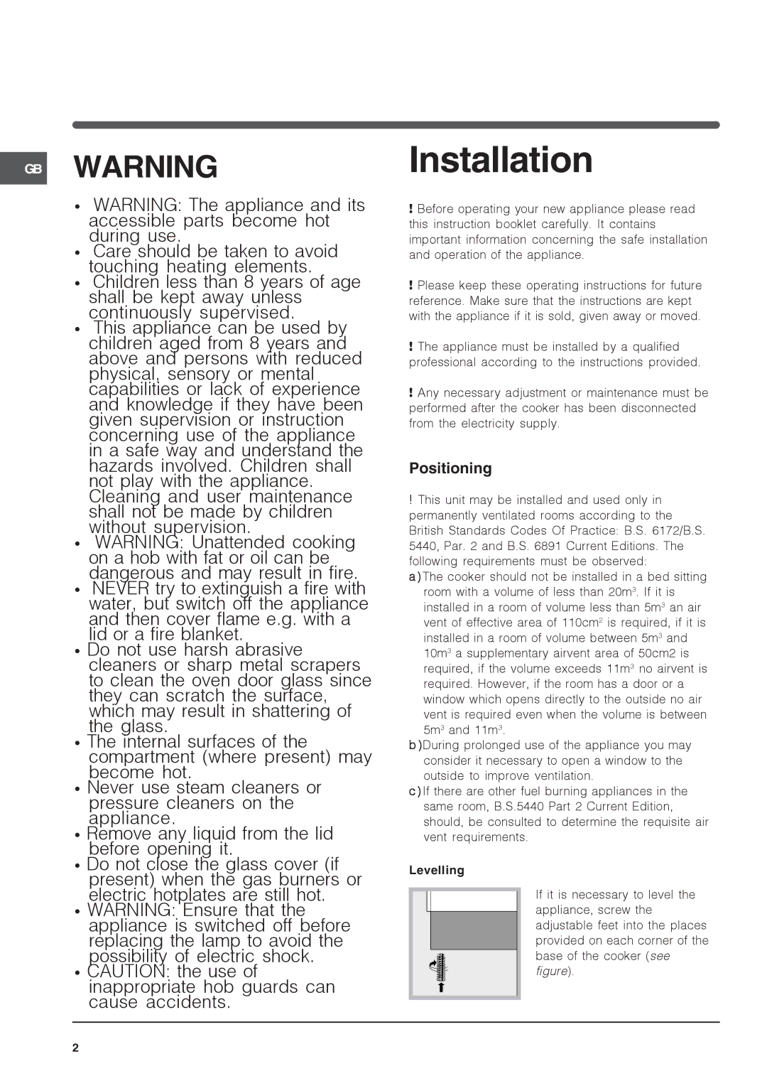 Indesit IS60D1 S specifications Installation, Positioning, Levelling 