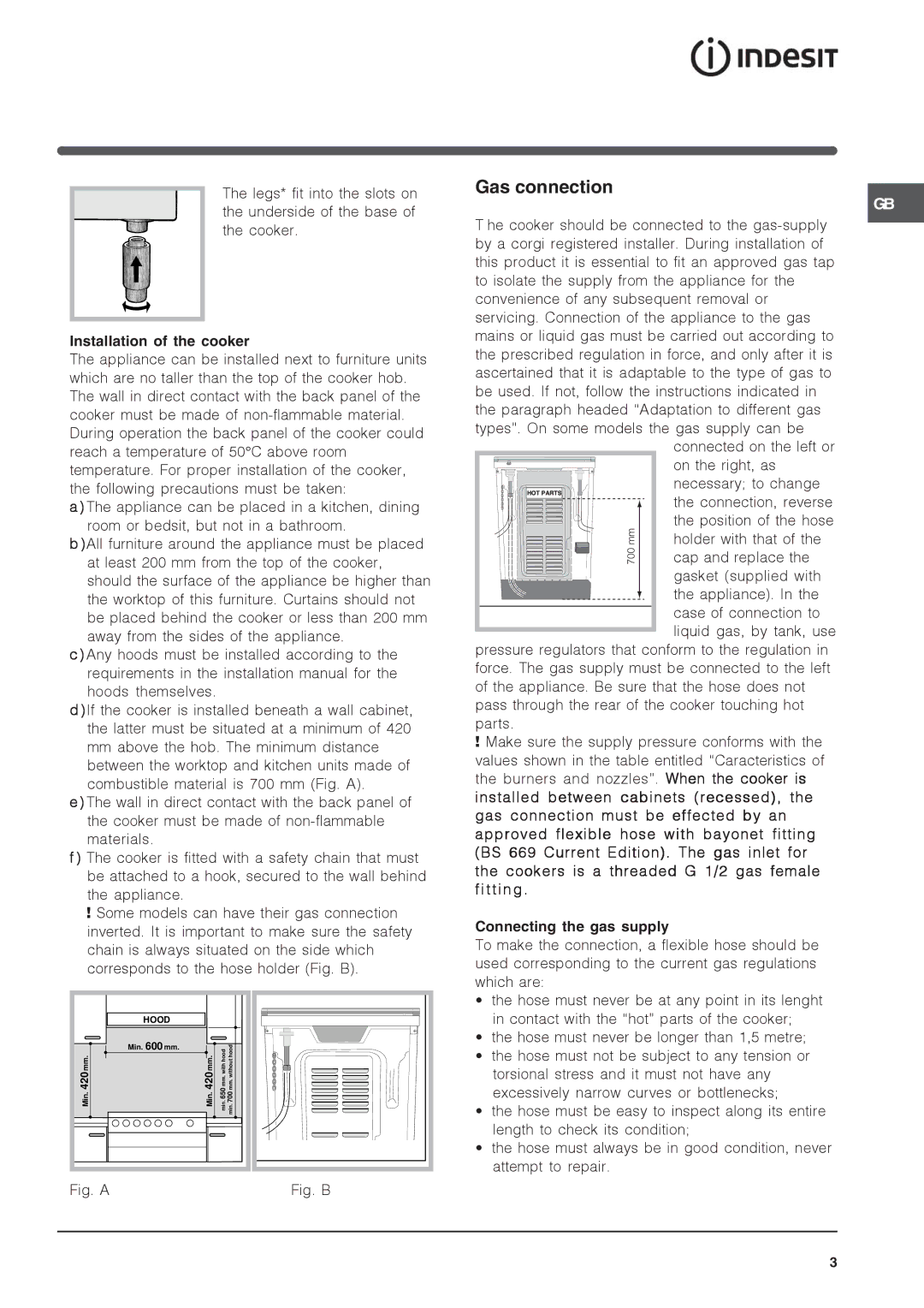 Indesit IS60D1 S specifications Gas connection, Installation of the cooker, Connecting the gas supply 