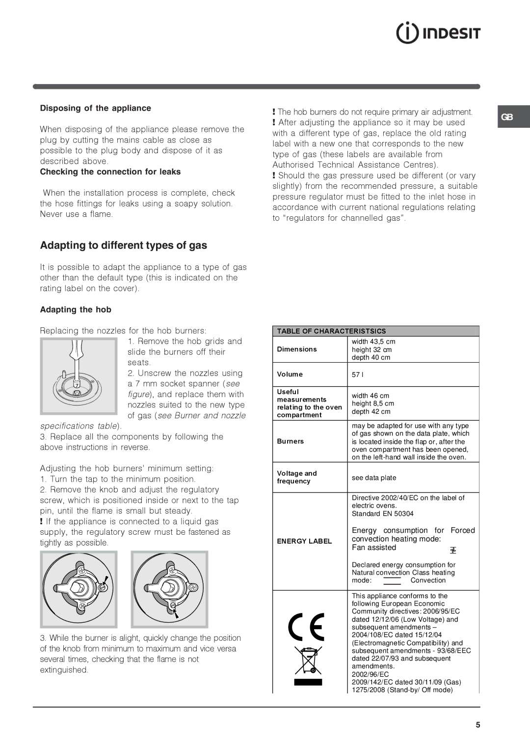 Indesit IS60D1 S Adapting to different types of gas, Disposing of the appliance, Checking the connection for leaks 