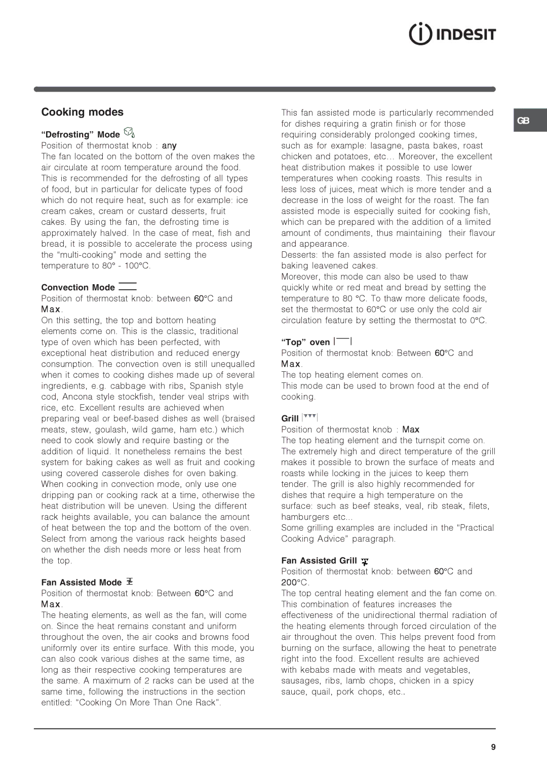 Indesit IS60D1 S specifications Cooking modes 