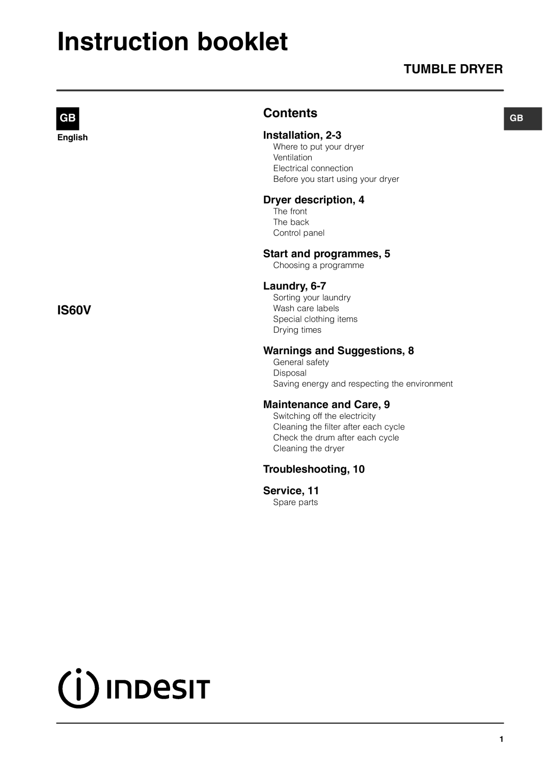 Indesit IS60V manual Instruction booklet, Tumble Dryer 