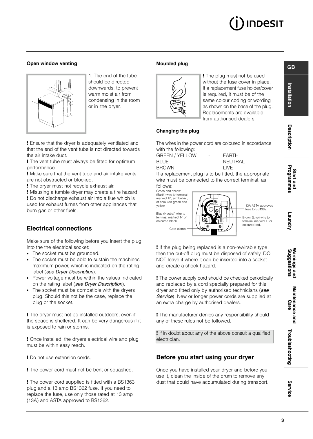 Indesit IS60V manual Electrical connections, Before you start using your dryer, Open window venting, Moulded plug 