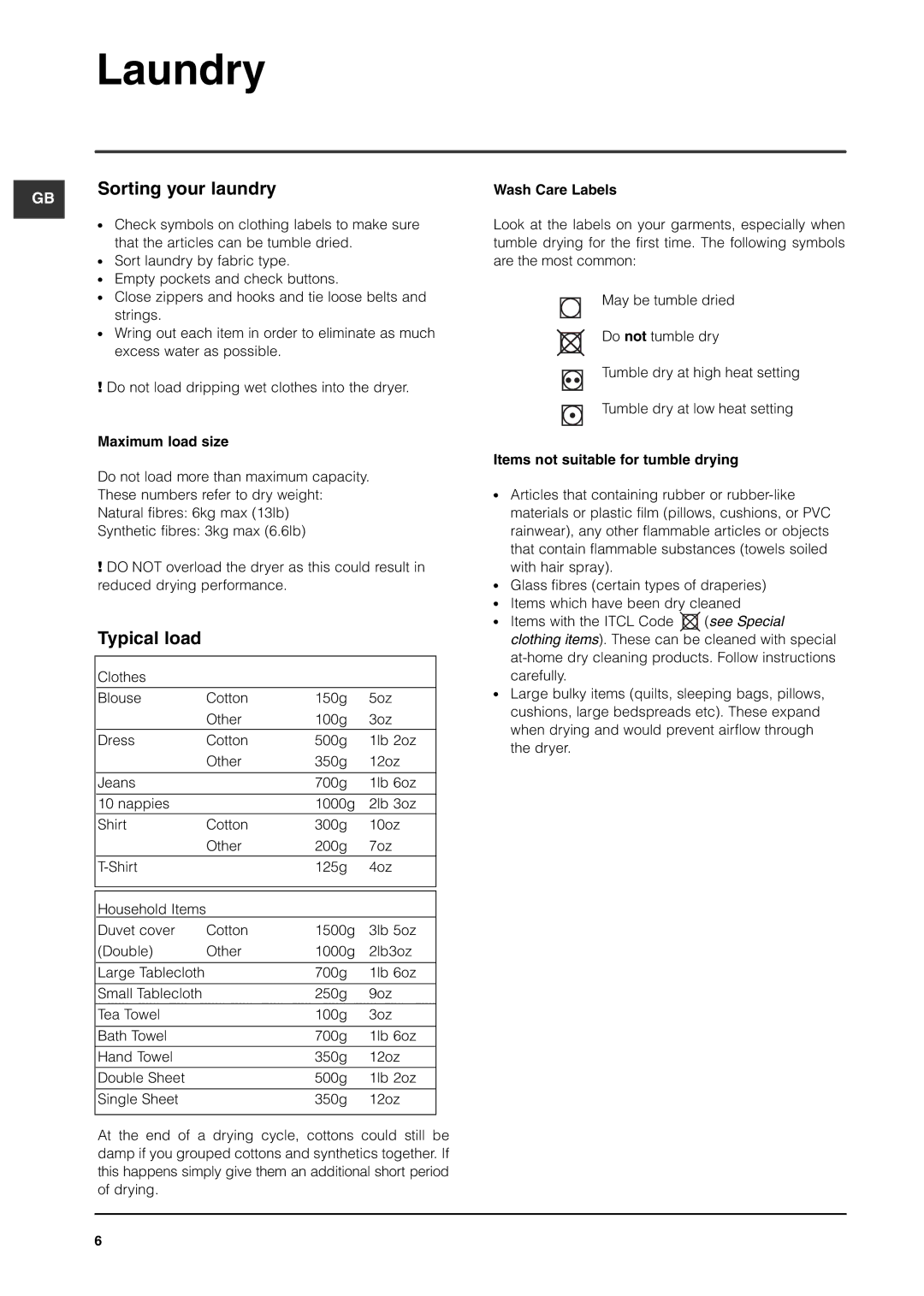 Indesit IS60V manual Laundry, Sorting your laundry, Typical load 