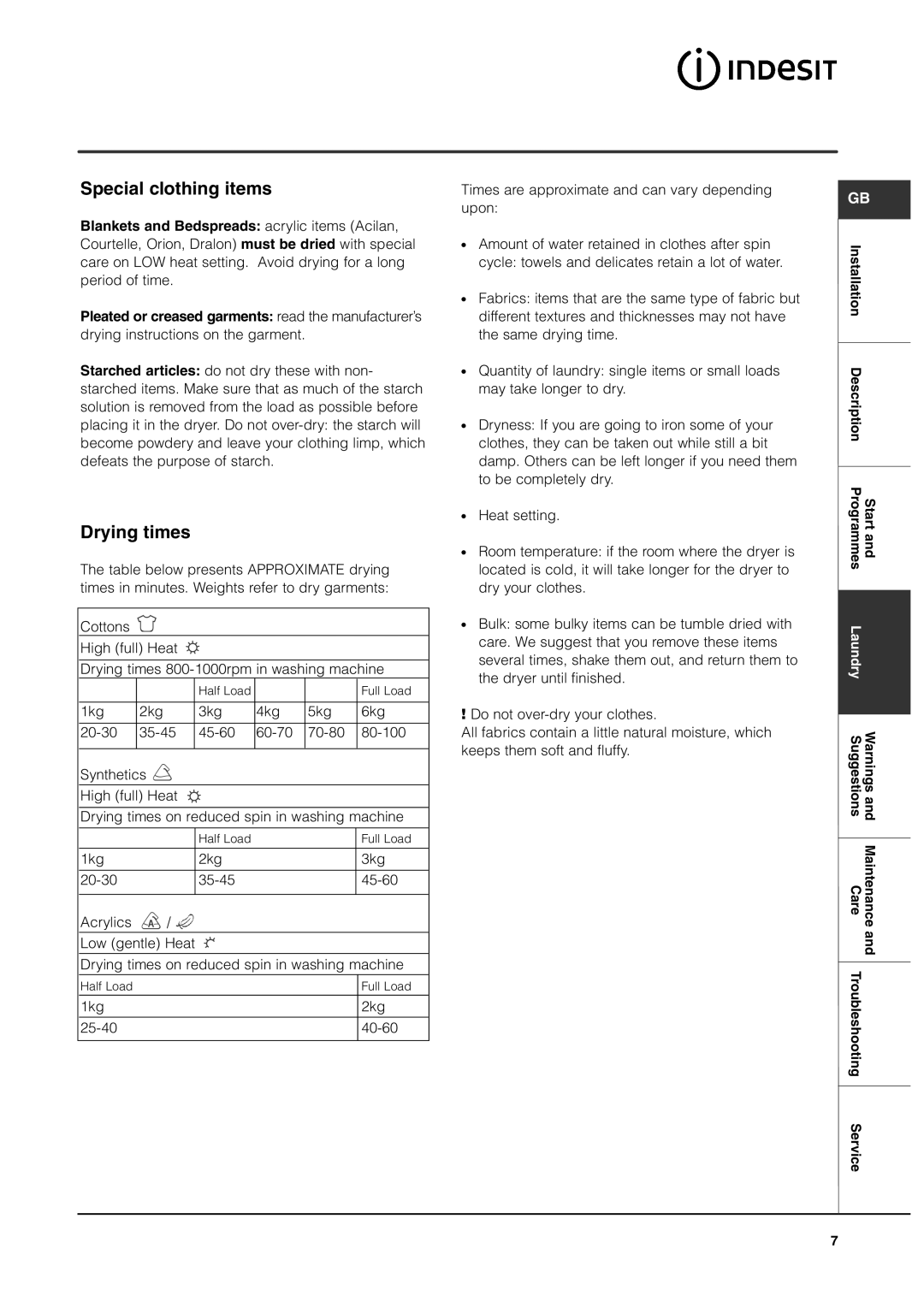 Indesit IS60V manual Special clothing items, Drying times 