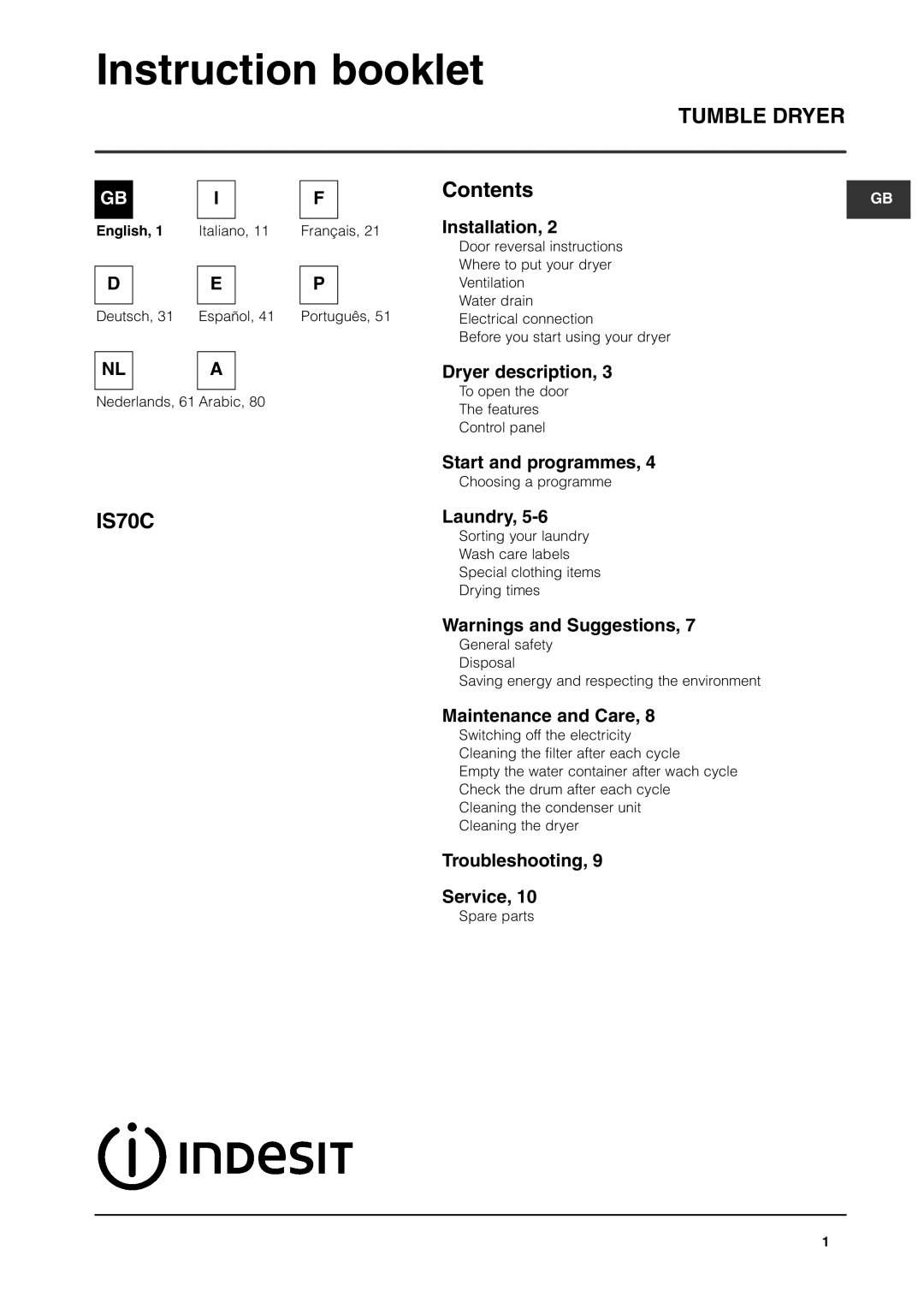 Indesit IS70C manual Instruction booklet, Tumble Dryer 