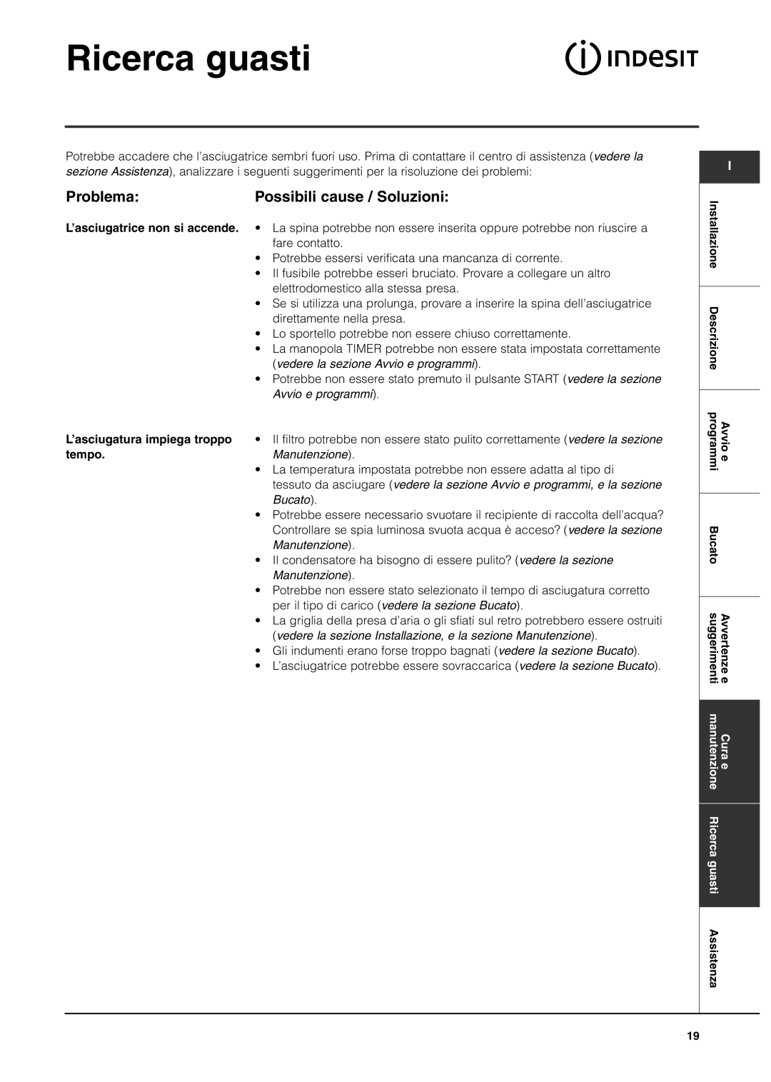 Indesit IS70C manual Ricerca guasti, Problema Possibili cause / Soluzioni, ’asciugatrice non si accende, Tempo 