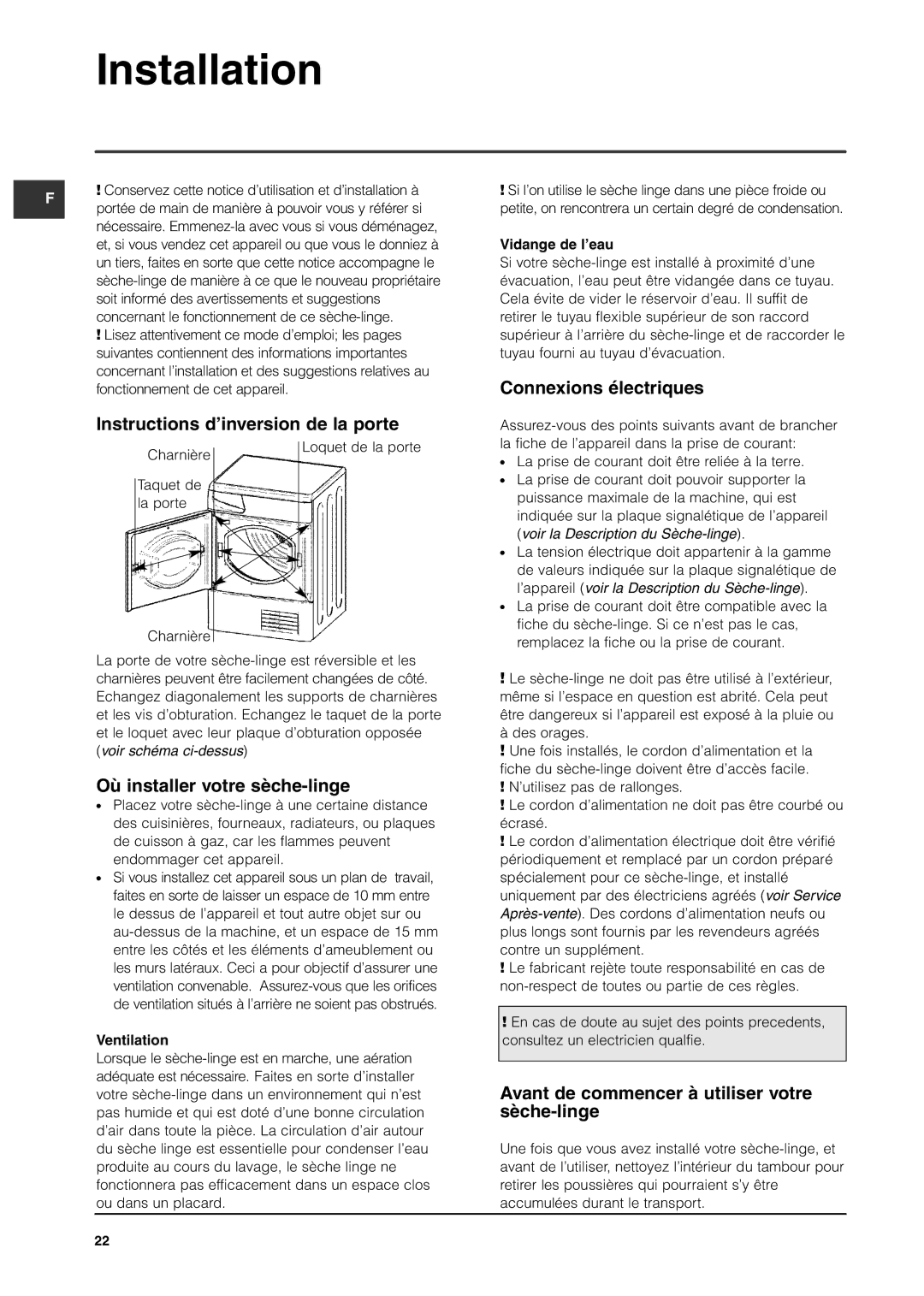 Indesit IS70C manual Instructions d’inversion de la porte, Connexions électriques, Où installer votre sèche-linge 