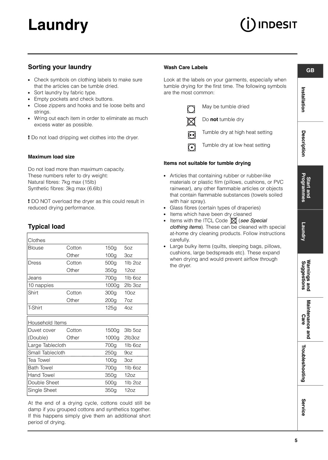 Indesit IS70C manual Laundry, Sorting your laundry, Typical load 