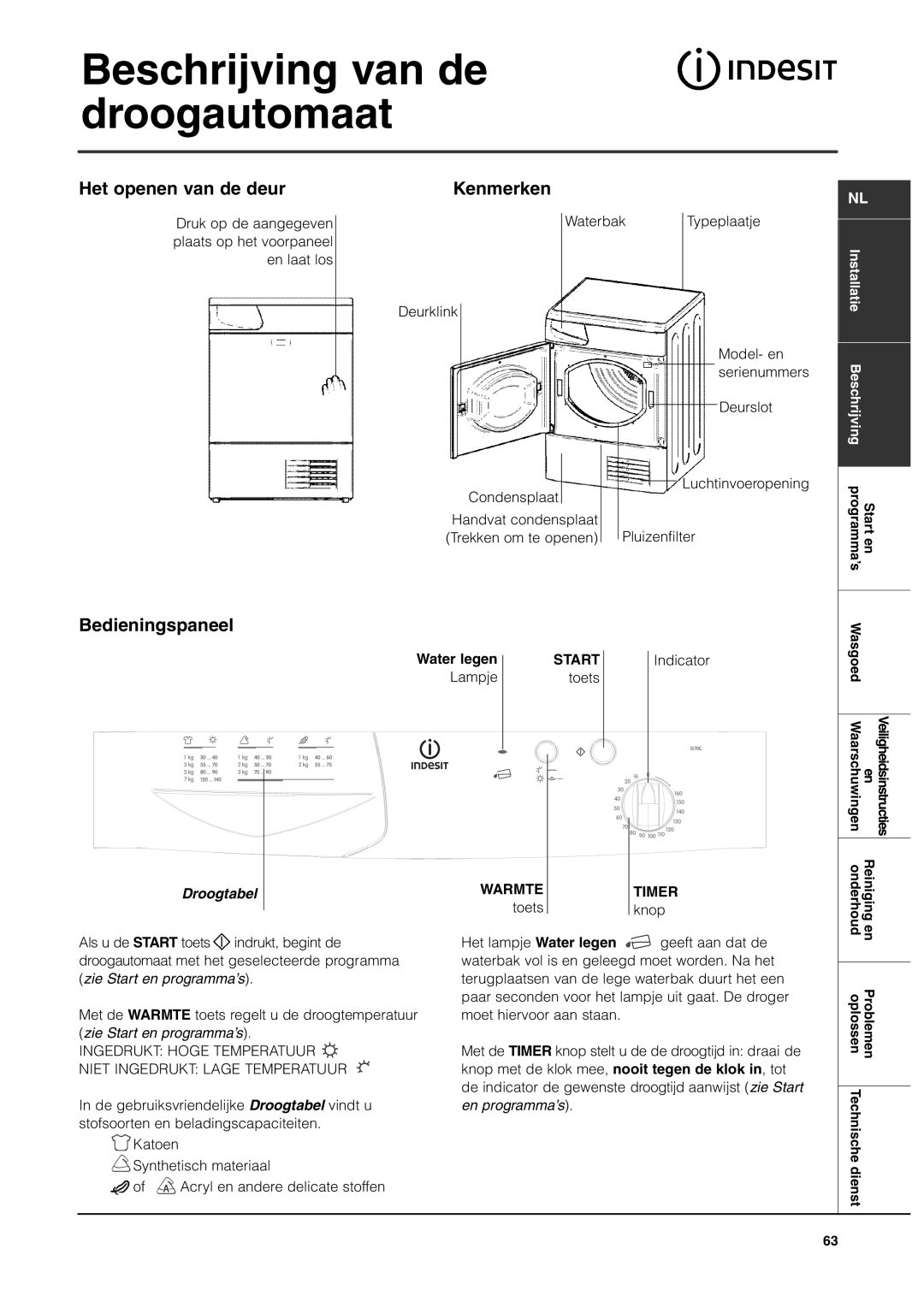 Indesit IS70C manual Beschrijving van de droogautomaat, Het openen van de deur, Kenmerken, Bedieningspaneel 