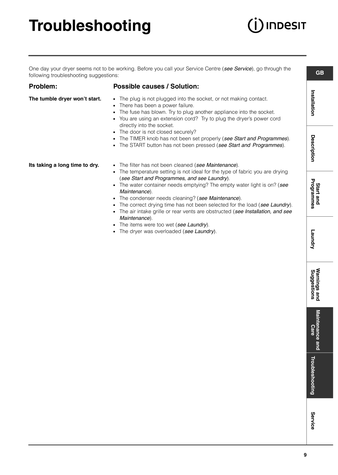 Indesit IS70C Troubleshooting, Problem Possible causes / Solution, Tumble dryer won’t start, Its taking a long time to dry 