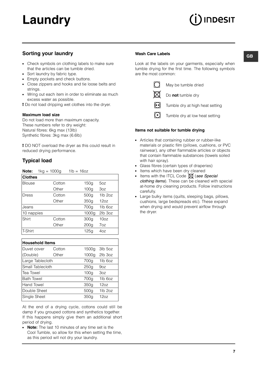 Indesit ISA60V manual Laundry, Sorting your laundry, Typical load 