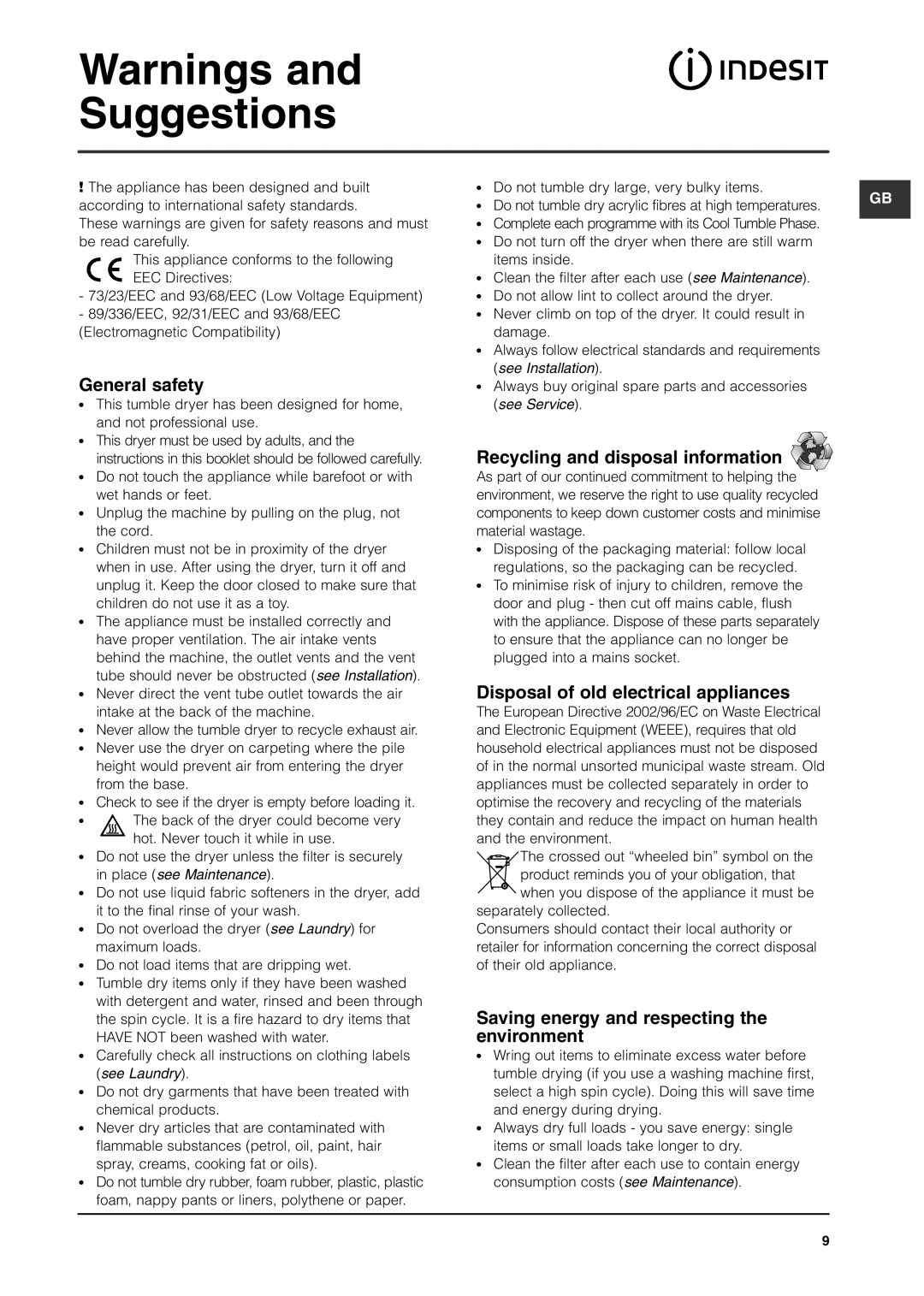 Indesit ISA60V manual General safety, Recycling and disposal information, Disposal of old electrical appliances 