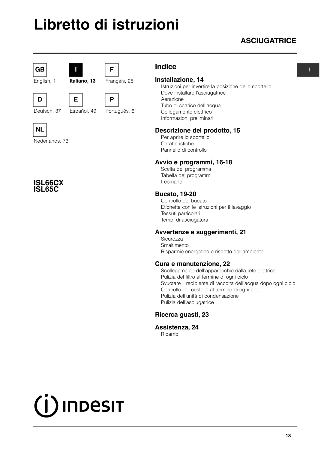 Indesit ISL65C, ISL66CX manual Libretto di istruzioni 
