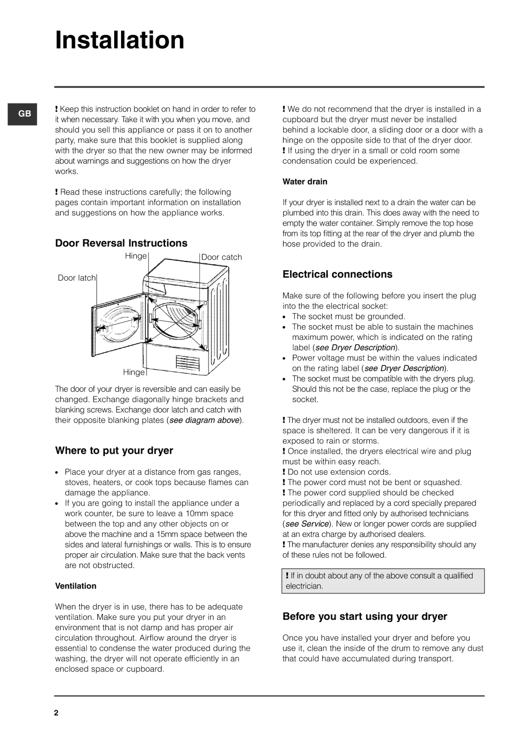 Indesit ISL66CX, ISL65C manual Installation, Door Reversal Instructions, Where to put your dryer, Electrical connections 