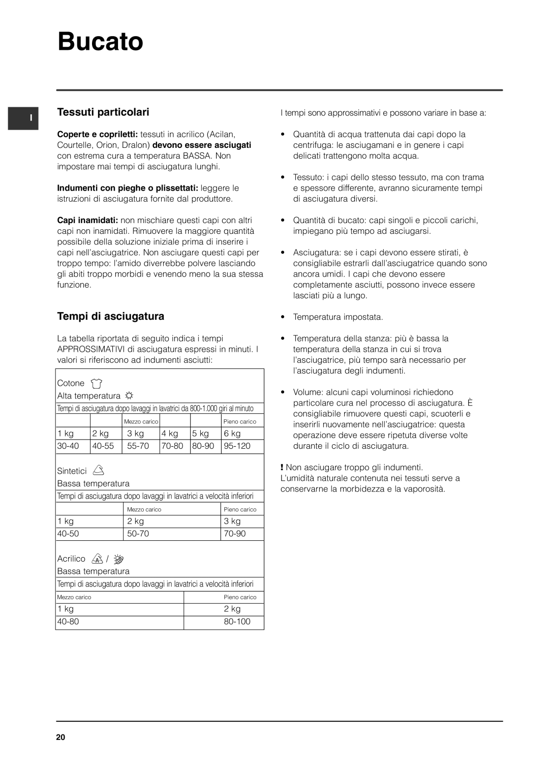 Indesit ISL66CX, ISL65C manual Tessuti particolari, Tempi di asciugatura, 40-50 50-70 70-90 Acrilico Bassa temperatura 