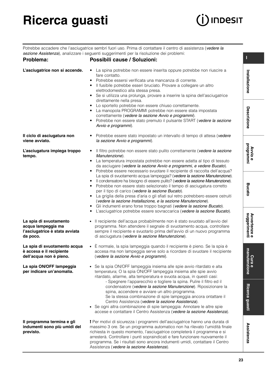 Indesit ISL65C, ISL66CX manual Ricerca guasti, Problema Possibili cause / Soluzioni 