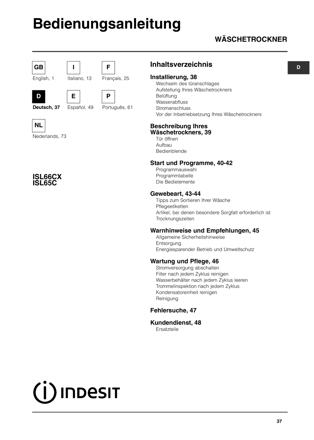 Indesit ISL65C, ISL66CX manual Bedienungsanleitung 