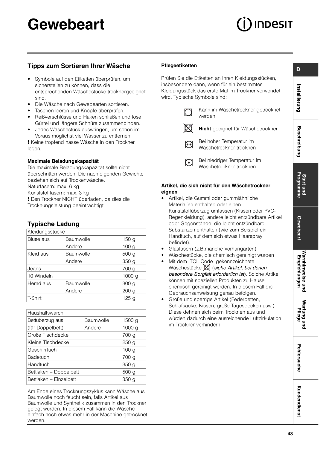 Indesit ISL65C, ISL66CX manual Gewebeart, Tipps zum Sortieren Ihrer Wäsche, Typische Ladung 